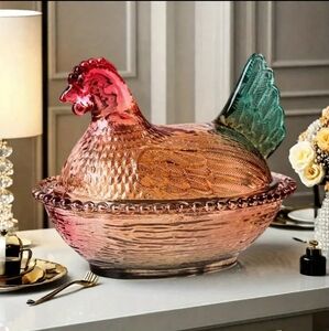 Whimsical Glazed Crystal Chicken Hen Candy Dish with Removeable Lid